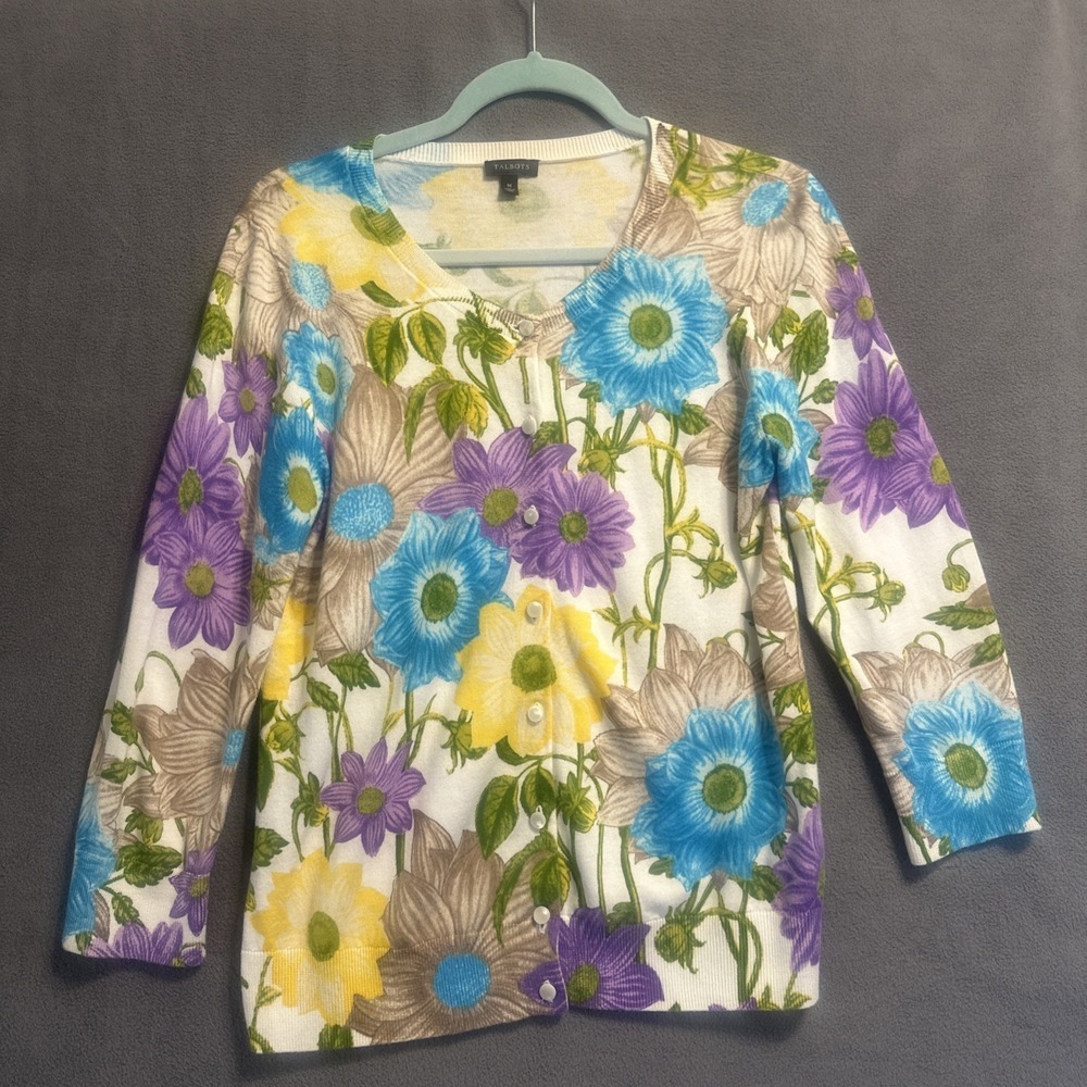 Talbots Cardigan Floral Print Button Front Size M Soft Feminine Easter Colorful